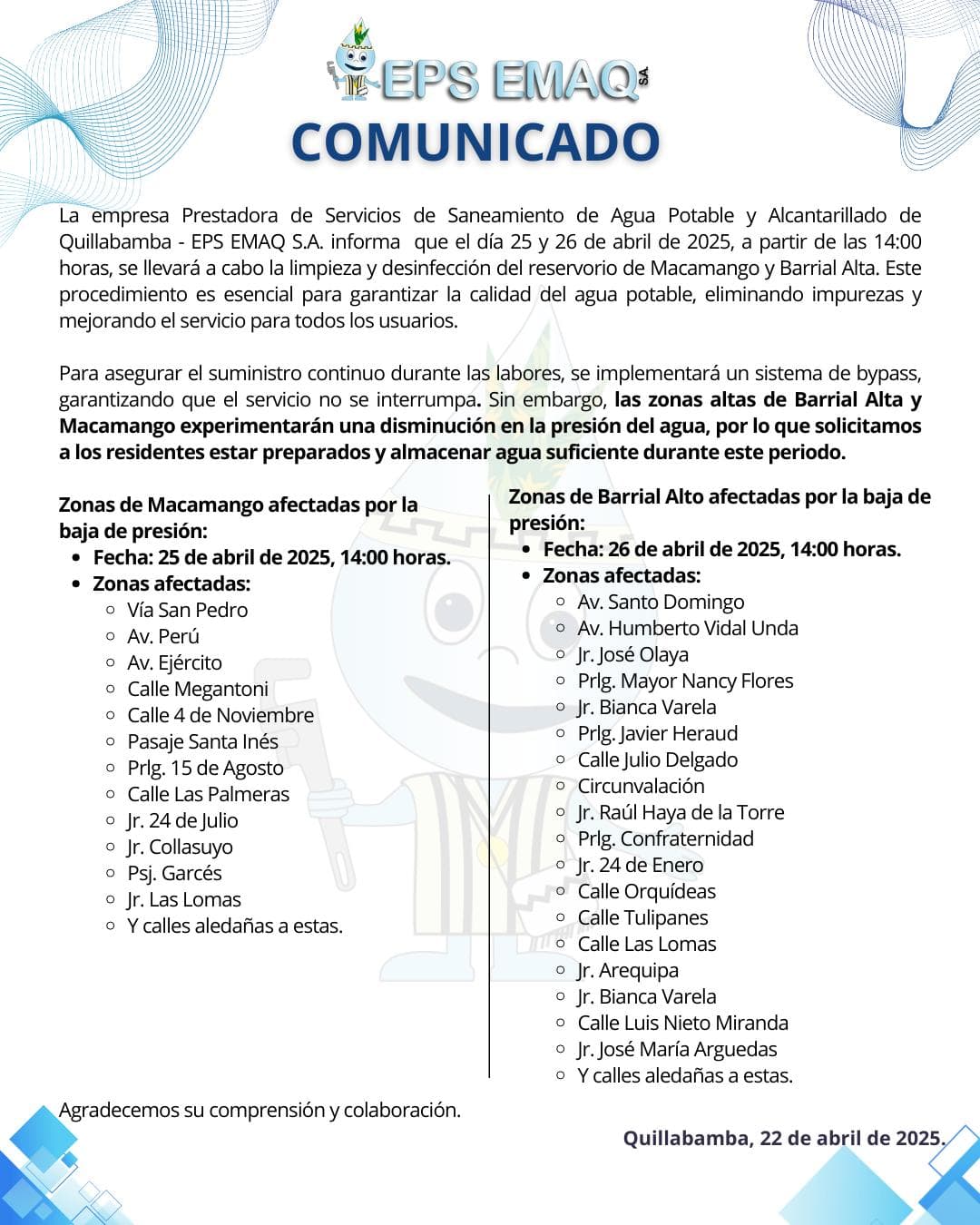 COMUNICADO DE LIMPIEZA EPS EMAQ: 25 Y 26 DE ABRIL DEL 2025