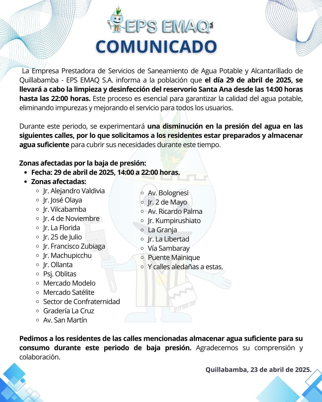 COMUNICADO DE LIMPIEZA EPS EMAQ: 29 DE ABRIL DEL 2025
