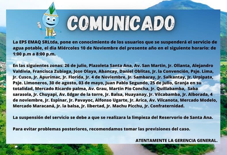 Suspensión del Servicio de Agua Potable, el día miércoles 10 de Noviembre del 2021